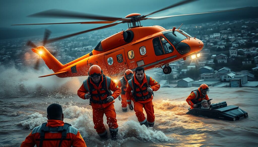A high-intensity rescue operation unfolds as a helicopter hovers overhead, its powerful blades stirring up a whirlwind of water and debris. Paramedics, clad in bright orange uniforms, scramble to evacuate stranded residents from the rising floodwaters, their faces etched with determination. The scene is lit by the helicopter's searchlights, casting dramatic shadows and illuminating the chaos of the rescue effort. In the background, a sprawling urban landscape lies partially submerged, the scale of the disaster evident in the partially submerged buildings and vehicles. The atmosphere is tense, urgent, and tinged with a sense of urgency as the rescue team races against time to save those trapped by the relentless floodwaters.