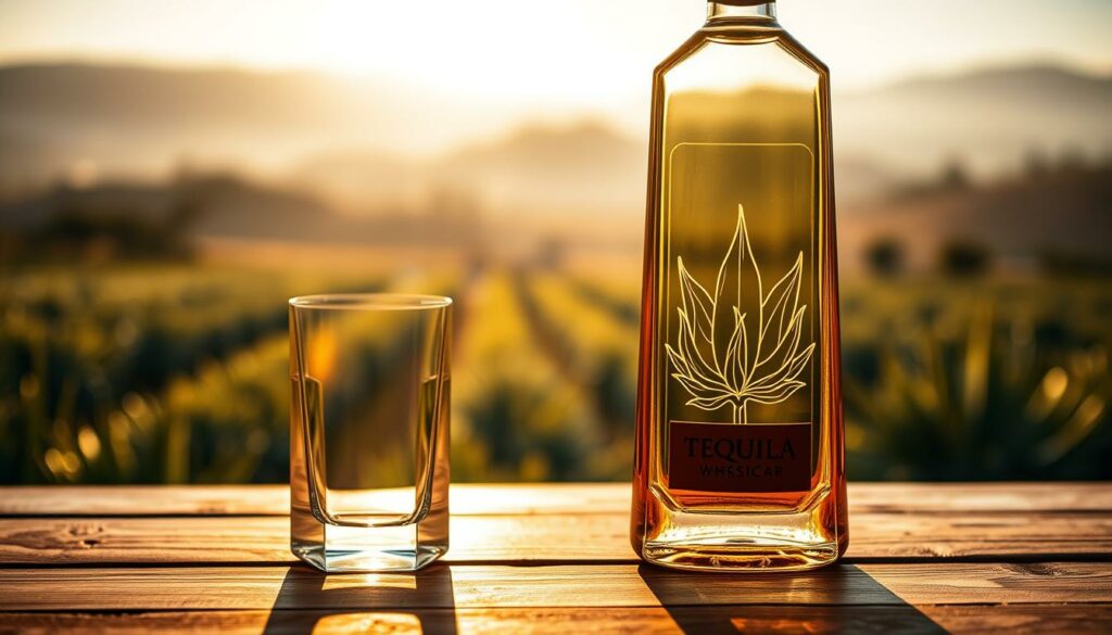 A high-quality, artisanal tequila bottle stands prominently on a wooden table, bathed in warm, golden lighting. The bottle's sleek, angular design and the agave plant's intricate embossed pattern on the glass evoke a sense of premium craftsmanship. In the background, a blurred, hazy landscape of agave fields and rolling hills creates a tranquil, Mexican countryside atmosphere. The lighting casts long shadows, adding depth and dimension to the scene. The overall composition and attention to detail convey the sophisticated, premium nature of this exceptional tequila.