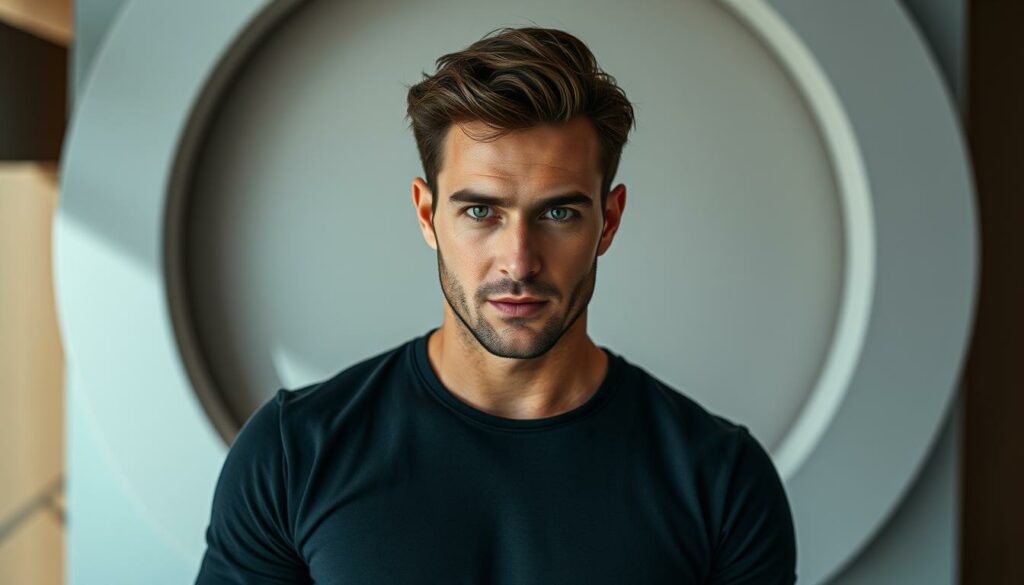 A high-quality, cinematic portrait of Nikola Glumac, a prominent German reality TV personality, set against a sleek, minimalist backdrop. Glumac is positioned centrally, his gaze confident and charismatic, conveying the allure and success of his television career. The lighting is soft and flattering, emphasizing his chiseled features. The composition utilizes leading lines and a shallow depth of field to draw the viewer's attention to Glumac, while the muted color palette and clean, uncluttered setting suggest an air of sophistication. Overall, the image presents Glumac as a polished, compelling media figure, reflecting the story of his transition from "Temptation Island" to "Promis unter Palmen".