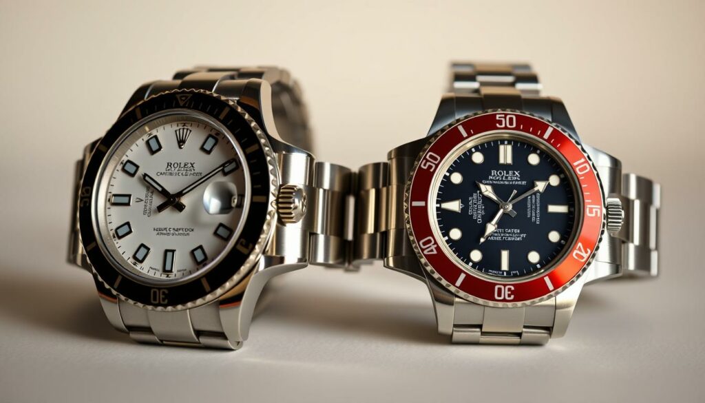 A high-quality, closeup photograph of a genuine Rolex watch placed next to a visually realistic counterfeit Rolex watch, both shot against a plain, neutral background with soft, diffused lighting from the side. The genuine Rolex should showcase its iconic design elements, intricate details, and flawless finish, while the counterfeit should exhibit obvious visual discrepancies in its construction, materials, and overall quality. The scene should convey a sense of comparison and careful examination, allowing the viewer to clearly discern the defining features that distinguish an authentic Rolex from a fake.