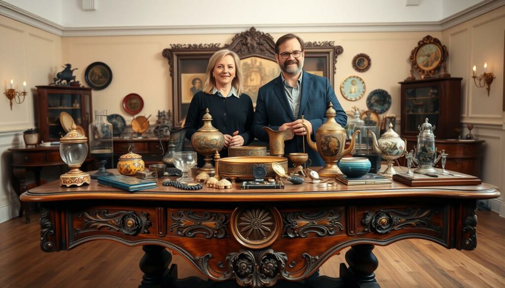 A high-quality, glossy studio photograph showcasing the success story of the popular German antique appraisal TV show "Bares für Rares". In the foreground, an ornate vintage wooden table displaying a diverse array of valuable antiques and collectibles, each with an intriguing backstory. Behind it, the smiling hosts stand proudly, surrounded by a warm, inviting set design that evokes the show's aesthetic. The lighting is soft and evenly diffused, creating a sense of timeless elegance. The composition is balanced, with the subjects and objects arranged in a visually compelling manner. The overall mood is one of excitement, discovery, and the thrill of uncovering hidden treasures.