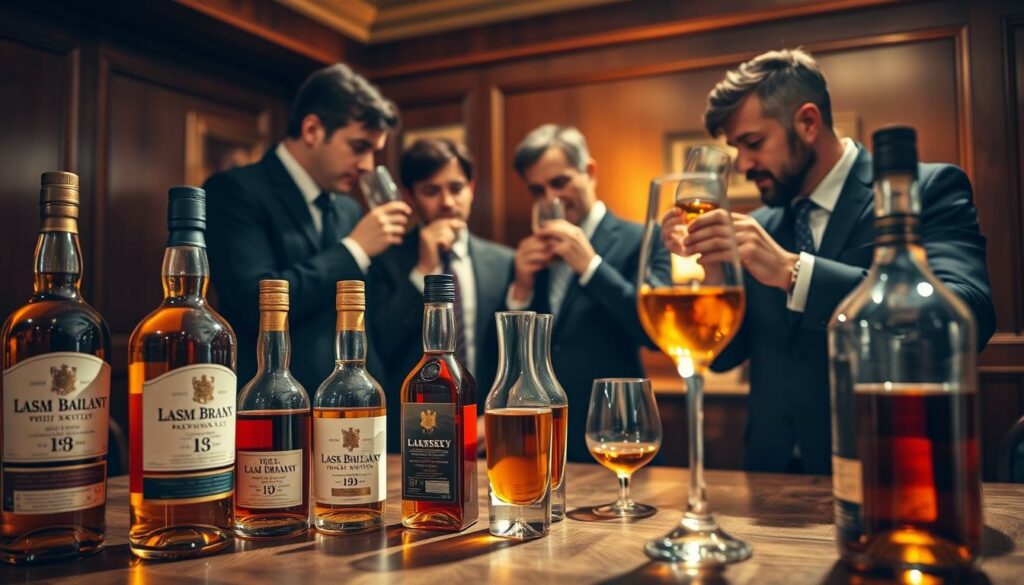 A high-quality whisky tasting comparison scene, captured in a warm, inviting atmosphere. In the foreground, various premium scotch whisky bottles are displayed on a polished wooden table, their labels and hues visible. In the middle ground, a group of three well-dressed individuals, connoisseurs of fine spirits, are engaged in a thoughtful discussion, swirling their glasses and examining the whisky's color and clarity. The background features a cozy, dimly lit room with oak-paneled walls, creating a sense of exclusivity and expertise. Soft, directional lighting casts a golden glow, highlighting the amber tones of the liquids and the refined ambiance. The overall composition conveys an atmosphere of sophistication, where the world's most prestigious whisky brands are meticulously compared and appreciated by knowledgeable enthusiasts.