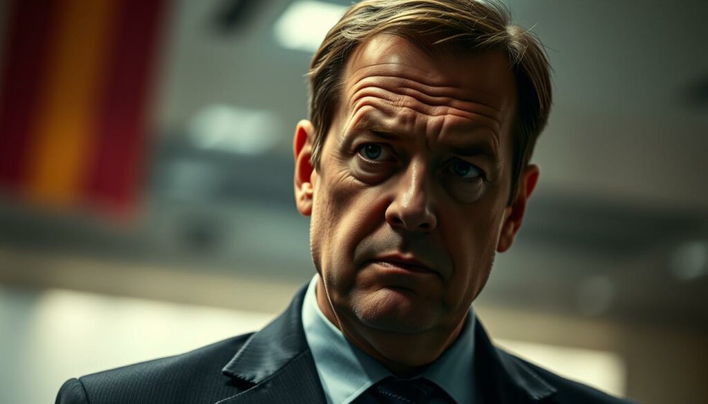 A high-ranking German politician, Jens Spahn, stands at the center of a heated controversy surrounding the procurement of masks during the COVID-19 pandemic. Illuminated by harsh, dramatic lighting, Spahn's face is etched with a troubled expression, reflecting the weight of the accusations he faces. The background is a hazy, bureaucratic setting, suggesting the complex web of government bureaucracy and decision-making. The composition is tightly framed, intensifying the sense of scrutiny and public pressure. The overall mood is one of tension, uncertainty, and the heavy burden of political responsibility.