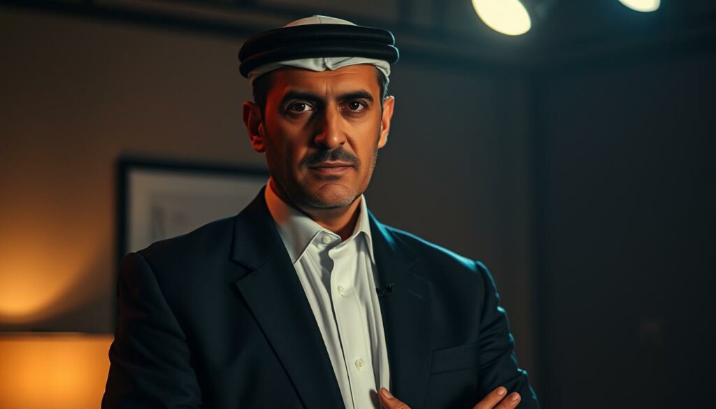 A high-resolution, cinematic portrait of a serious-looking Middle Eastern man in a suit, standing in a dimly lit room, with a somber, contemplative expression on his face. The lighting is dramatic, with highlights on his face and hands, casting shadows that convey a sense of gravity and importance. The background is blurred, but hints at an interior setting, such as a TV studio or office. The overall mood is one of expertise, authority, and thoughtful analysis, reflecting the subject's role as an expert commentator on the recent events at the public swimming pool.