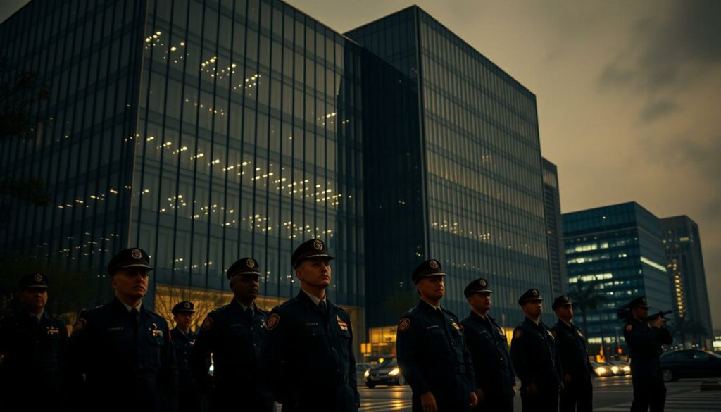 A high-security government building set against a backdrop of a dimly lit cityscape, its sleek glass façade reflecting the flickering lights of the streets below. In the foreground, uniformed officials stand at attention, their expressions stern and their movements measured, exuding an aura of authority and vigilance. The lighting is a moody mix of warm and cool tones, casting dramatic shadows and emphasizing the imposing nature of the structure. The scene conveys a sense of seriousness, power, and the unwavering commitment of the government and its security agencies to protect the public, in line with the subject and section title.