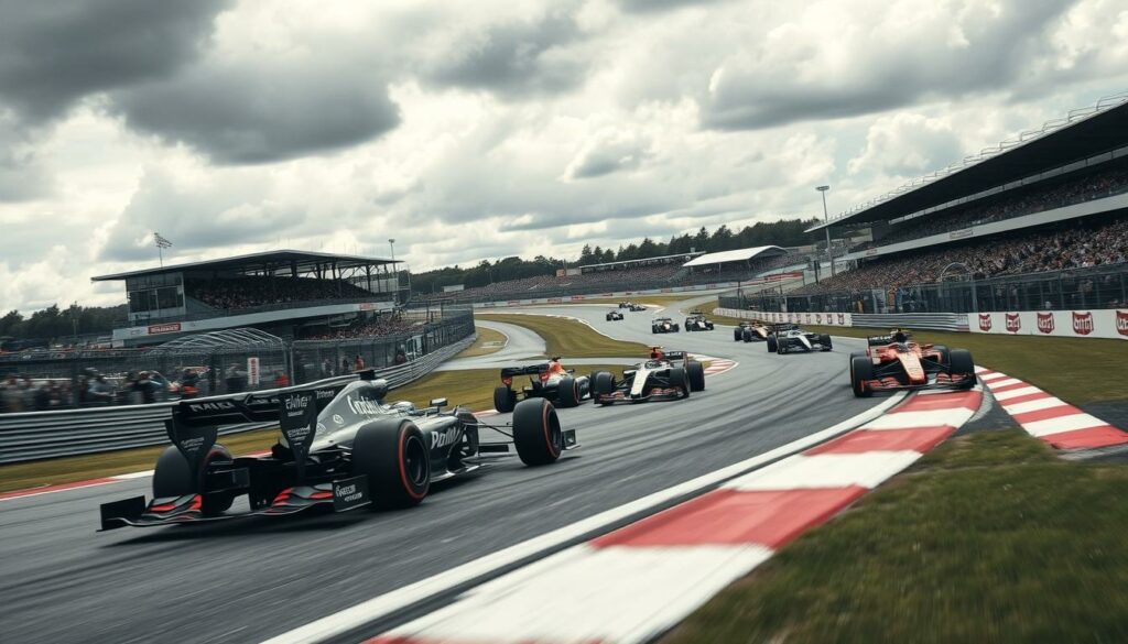 A high-speed Formula 1 race at the iconic Silverstone Circuit, with cars racing through the winding turns and straightaways under a dramatic cloudy sky. Capture the intense energy and emotion of the event, showcasing the drivers maneuvering their powerful machines through the challenging corners. Depict the grandstands filled with cheering fans, the pit crews frantically working on the cars, and the overall spectacle of this prestigious motorsport event. Use a cinematic, wide-angle lens to convey the scale and grandeur of the scene, with dynamic camera angles and a sense of movement to emphasize the thrill of the race. Incorporate vibrant colors, sharp contrasts, and a sense of depth to create a visually striking and immersive image that captures the essence of this pivotal moment in the Formula 1 season.