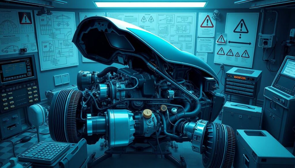 A highly detailed, technical illustration of safety concerns and product recalls, depicting a meticulously rendered automobile engine with exposed components, surrounded by technical diagrams, warning symbols, and diagnostic equipment. The scene is bathed in cool, blue-tinted lighting, creating a sense of clinical precision. The overall mood is one of cautious inspection and careful analysis, reflecting the gravity of the technical issues at hand.
