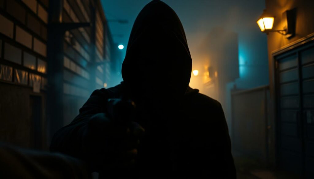 A hooded figure, a ruthless "auftragskiller" (contract killer), stands in the shadows of a dimly lit alleyway in Hamburg. His face is obscured, save for a steely gaze that conveys unwavering determination. In the foreground, a hand grips a silenced pistol, ready to strike. The middle ground is shrouded in a hazy, atmospheric mist, lending an air of mystery and unease. In the background, the looming silhouettes of abandoned buildings and flickering streetlights suggest a gritty, urban setting. The lighting is a mix of cool, bluish tones and warm, amber hues, creating a dramatic, film noir-inspired aesthetic. The overall mood is one of tension, danger, and the ruthless efficiency of a seasoned "auftragskiller".