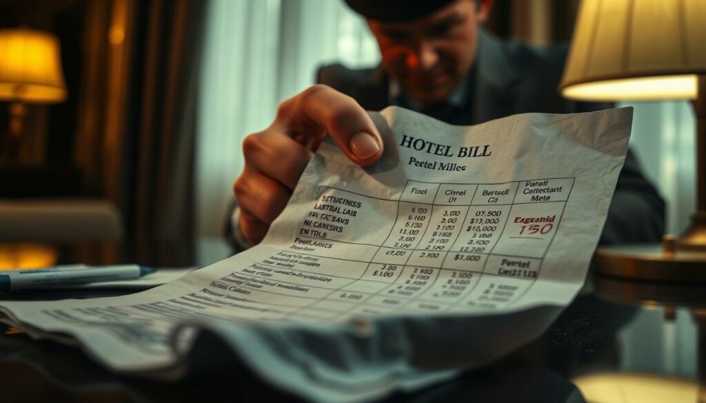 A hotel bill with suspicious discrepancies and irregularities, illuminated by a harsh, interrogative light. The foreground features the crumpled document, its numbers and charges seemingly altered. The middle ground showcases a detective's hand, meticulously examining the details, while the background is shrouded in an air of uncertainty and intrigue. The scene conveys a sense of investigation, unraveling a potential case of fraud or financial misconduct, hinting at the hidden story behind Jimi Blue Ochsenknecht's journey to Austria.
