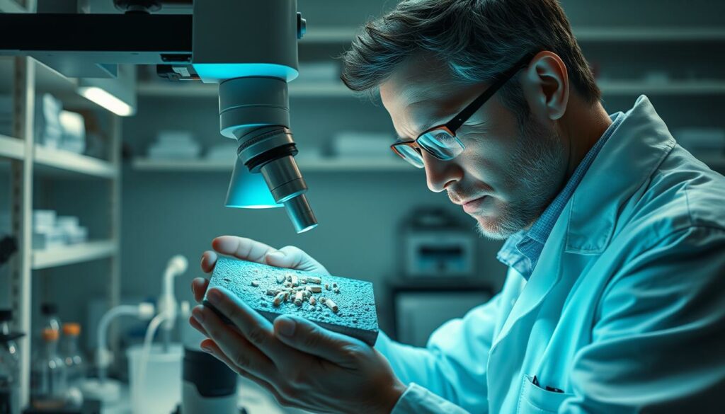 A laboratory setting with a research scientist carefully examining a sample of self-healing concrete under a high-powered microscope. Soft, directional lighting illuminates the intricate microstructure, revealing the innovative microcapsules and healing agents embedded within. The scientist's expression is one of deep concentration as they meticulously document their findings. In the background, shelves of scientific equipment and instruments create a sense of a cutting-edge research facility dedicated to advancing sustainable building materials. The overall mood is one of scientific inquiry and the pursuit of technological breakthroughs that could revolutionize the construction industry.