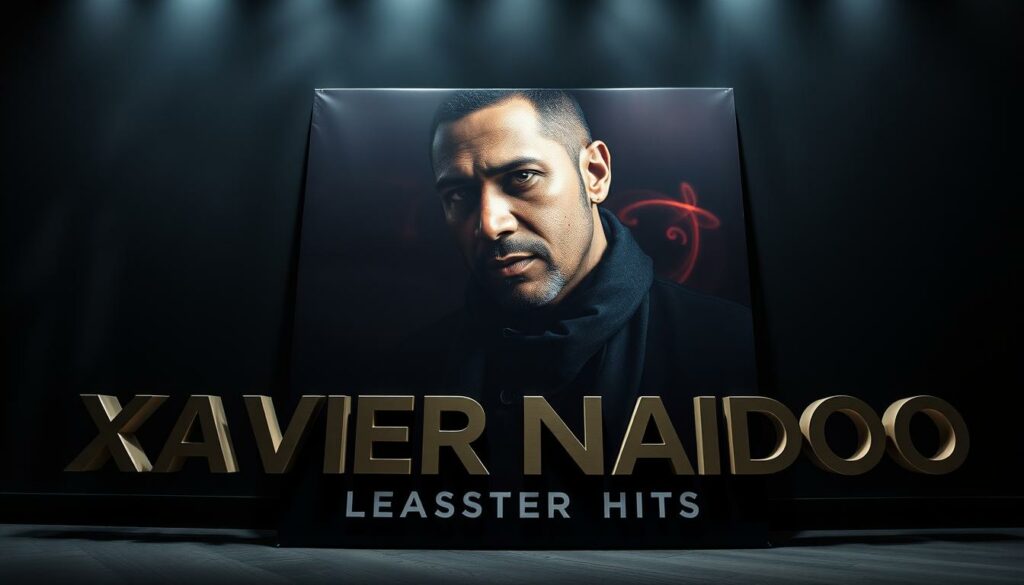 A large album cover featuring the greatest hits of German singer-songwriter Xavier Naidoo. The cover is set against a moody, atmospheric backdrop, with dramatic lighting casting dramatic shadows across Naidoo's face. In the foreground, the album title "Xavier Naidoo größte Hits" is prominently displayed in a bold, modern typeface. The middle ground features Naidoo's portrait, captured in a pensive, contemplative pose, his gaze intense and emotive. The background is a swirling, abstract pattern, evoking the passion and emotion of Naidoo's music. The overall composition is striking and cinematic, capturing the essence of Naidoo's musical legacy.