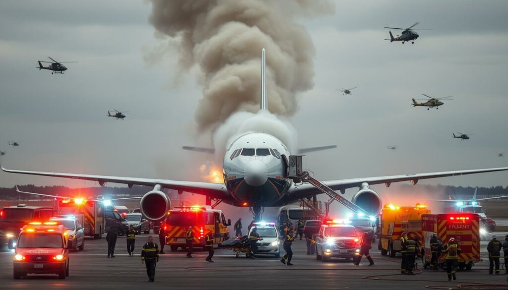 A large commercial aircraft stands on the tarmac, smoke billowing from its fuselage. Swarms of emergency vehicles surround the scene, their flashing lights illuminating the chaos. Paramedics rush to attend to the injured passengers, carrying stretchers and administering first aid. Firefighters, clad in protective gear, battle the blaze with powerful hoses. The sky is overcast, casting a somber tone over the intense rescue operation. Helicopters circle overhead, capturing the unfolding drama. In the foreground, a sense of urgency and concern is palpable as the dedicated emergency responders work tirelessly to ensure the safety of all.