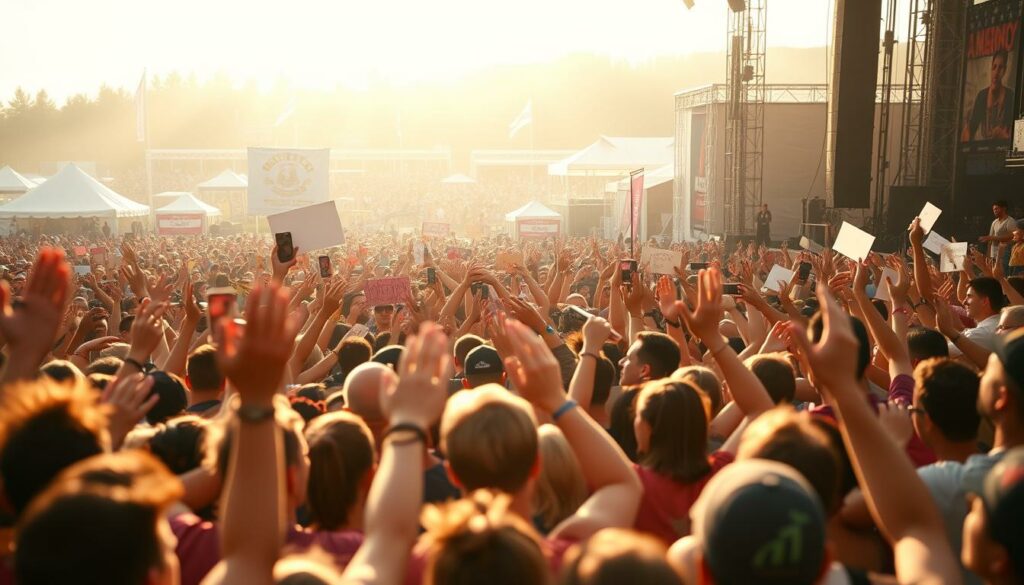 A large crowd of enthusiastic fans gathered at a festival stage, cheering and waving signs in a show of unwavering support for a popular singer whose voice had faltered during her performance. The scene is bathed in warm, soft lighting, creating an atmosphere of empathy and camaraderie. In the foreground, fans reach out with outstretched arms, their expressions reflecting a mix of concern and encouragement. The middle ground depicts the stage, where the singer stands, surrounded by supportive bandmates. In the background, the festival grounds are visible, with other stages and structures adding to the vibrant, event-like setting. The overall mood conveys a sense of community, as the fans rally behind the artist, demonstrating their loyalty and desire to lift her spirits.