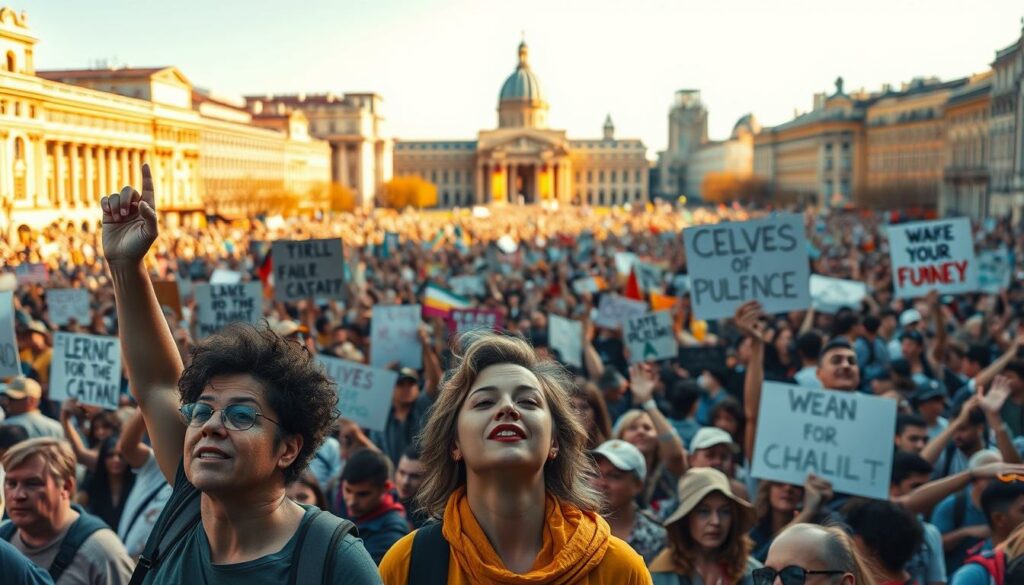 A large crowd of people gathered in a city square, holding up signs and banners in a show of solidarity. The foreground features several individuals, their faces filled with determination and passion, as they raise their arms to display messages of support. In the middle ground, the throng of supporters stretches out, creating a sea of vibrant colors and textures. In the background, the scene is framed by the architectural landmarks of the city, lending a sense of grandeur and significance to the event. The lighting is natural, with a warm, golden glow that illuminates the crowd, creating a sense of unity and inspiration. The overall atmosphere conveys a powerful, emotive moment of collective action and public compassion.