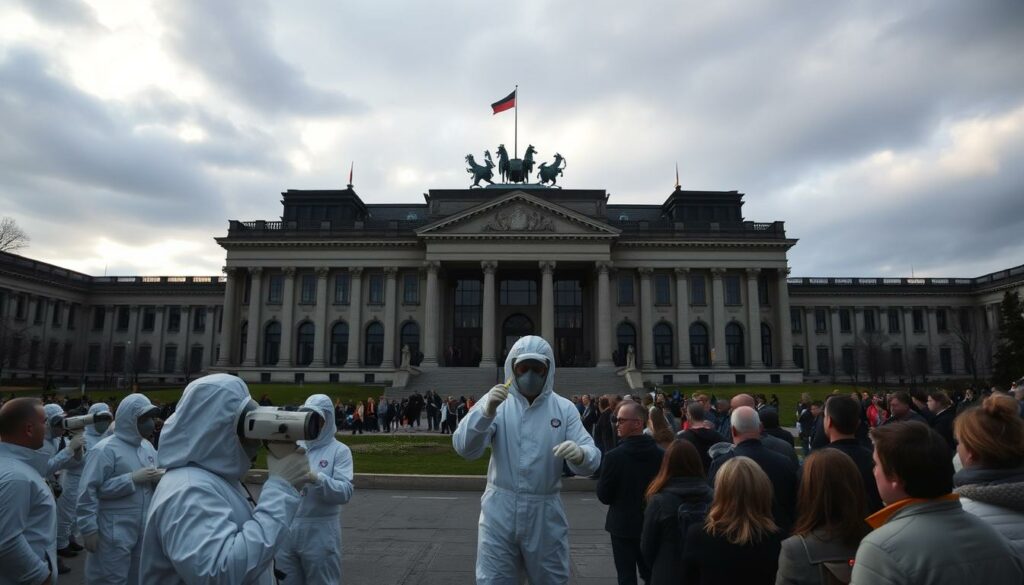 A large government building, the Bundestag, stands prominently in the foreground, its facade casting long shadows under a moody, overcast sky. The air around the structure appears to shimmer, hinting at an unnatural, pungent odor wafting from within. In the middle ground, a team of scientists in white hazmat suits meticulously collects air samples, their instruments carefully calibrated to detect the source of the foul stench. In the background, a crowd of concerned citizens gathers, their expressions a mix of worry and curiosity, as they await the results of the scientific analysis. The scene conveys a sense of unease and mystery, reflecting the article's exploration of the unidentified odor permeating the halls of power.