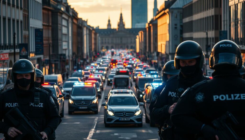 A large-scale police operation unfolding in the bustling streets of Hamburg. In the foreground, a team of uniformed officers secures the perimeter, their faces a mask of determination as they coordinate their response. In the middle ground, police vehicles with flashing lights line the roads, creating a sense of urgency and a controlled chaos. In the background, the iconic architecture of Hamburg's cityscape stands as a silent witness, casting long shadows in the late afternoon sun. The atmosphere is tense, with a palpable air of seriousness and professionalism as the authorities investigate the incident. The lighting is dramatic, with a mix of warm and cool tones that capture the intensity of the moment.