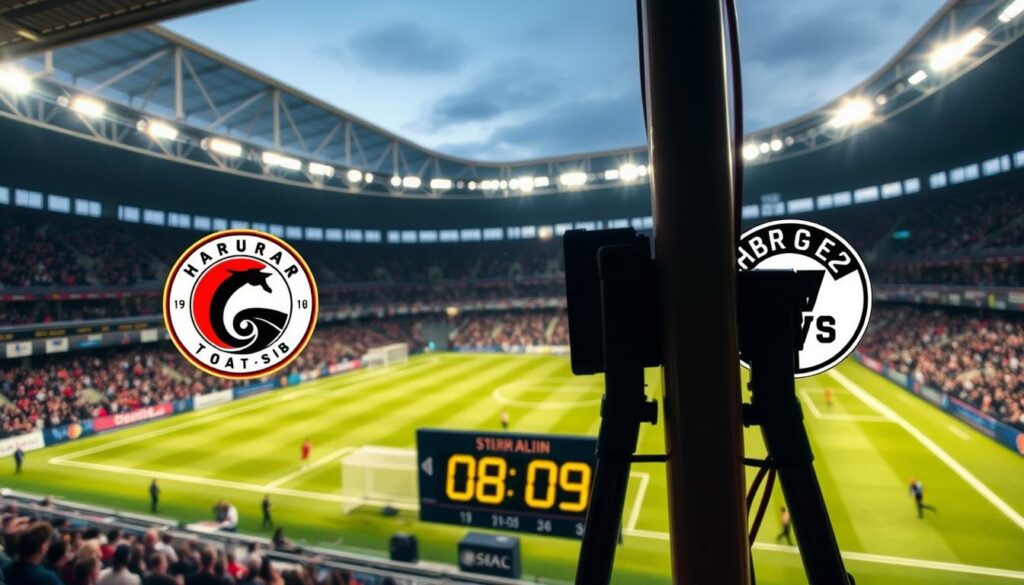 A live broadcast of a football match between Sturm Graz and Hamburger SV, set against a backdrop of a modern sports stadium. The camera angle showcases the field, capturing the players in action, with a focus on the scoreboard and clock in the foreground, providing the crucial match details. The lighting is warm and natural, creating a dynamic and immersive atmosphere. The audience can be seen in the stands, adding to the energy of the event. The overall composition conveys the excitement and anticipation of the live broadcast, inviting the viewer to experience the match as it unfolds.
