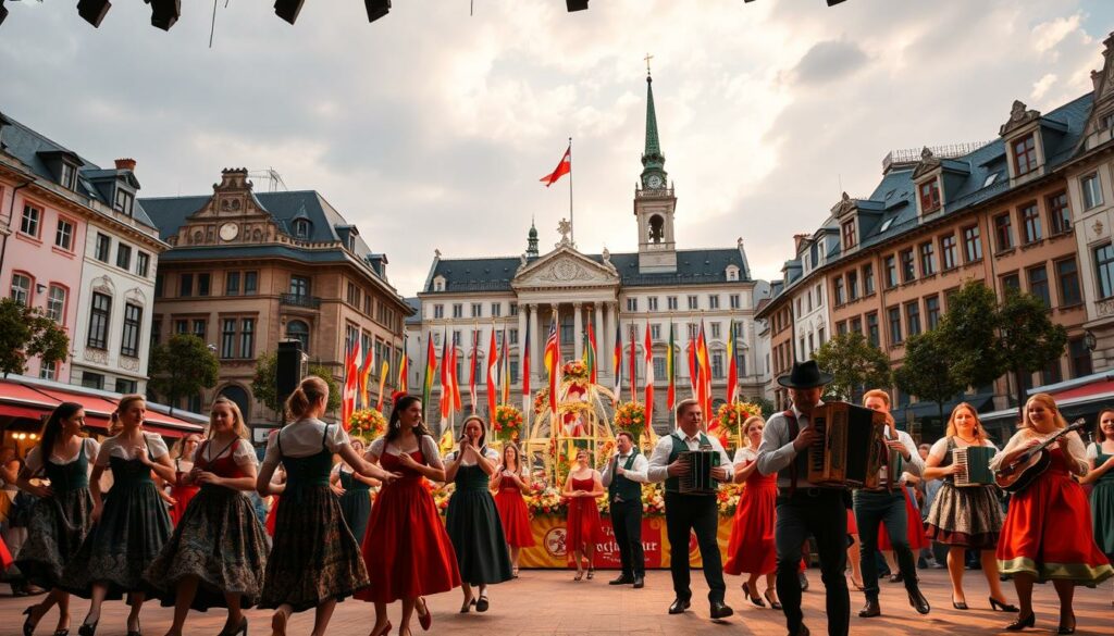 A lively Bavarian Tracht und Musik Show set against the historic backdrop of the bustling city of München. In the foreground, a troupe of traditional dancers in ornate dirndls and lederhosen perform an energetic folk routine, their movements graceful and synchronised. The middle ground features a large stage adorned with Bavarian flags and floral arrangements, where a talented ensemble of musicians play rousing tunes on alpine horns, zither, and accordion. The background showcases the iconic architecture of the Marienplatz, with the towering spires of the Neues Rathaus and the Frauenkirche creating a majestic skyline. Warm, golden lighting casts a festive glow over the entire scene, capturing the spirit of Bavarian culture and festivities.