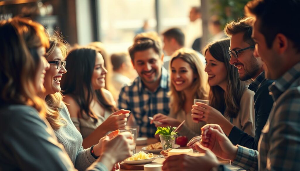 A lively community of food enthusiasts engaged in friendly discourse, their animated expressions and gestures conveying a sense of vibrant interaction. The scene is bathed in warm, soft lighting, creating an inviting atmosphere. In the foreground, a group of people gathered around a table, sharing ideas and sampling delectable food products. In the middle ground, the background blurs slightly, drawing the viewer's focus to the central social activity. Subtle textures and details add depth and realism to the image, reflecting the dynamic nature of effective community management in the social media landscape.