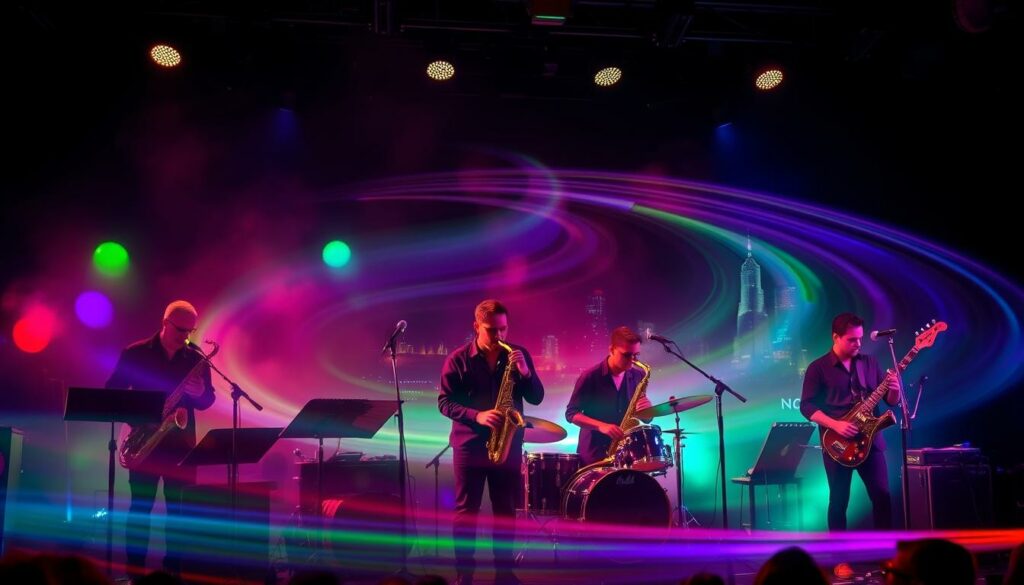 A lively jazz ensemble performing on a dimly lit stage, the Jazzrausch Bigband captivates the audience with their dynamic fusion of jazz and electronic music. In the foreground, the skilled musicians expertly navigate their instruments, their expressions focused and passionate. The middle ground is filled with a swirling, ethereal haze of multicolored lights, casting an otherworldly glow across the scene. In the background, a sleek, modern cityscape can be glimpsed, hinting at the band's urban roots. The overall atmosphere is one of energy, creativity, and a blend of traditional and contemporary elements, perfectly capturing the essence of the Jazzrausch Bigband's unique sound.