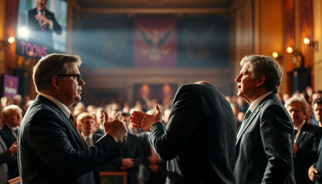 A lively political debate unfolding on a grand stage, politicians gesturing passionately as they argue the merits of an alcohol ban. Warm, dramatic lighting casts long shadows, heightening the tension. In the foreground, two opposing leaders stand face-to-face, brows furrowed, while their colleagues watch intently from the sides. The background blurs, drawing focus to the central confrontation. An air of intensity and high stakes permeates the scene, capturing the essence of this critical policy discussion.