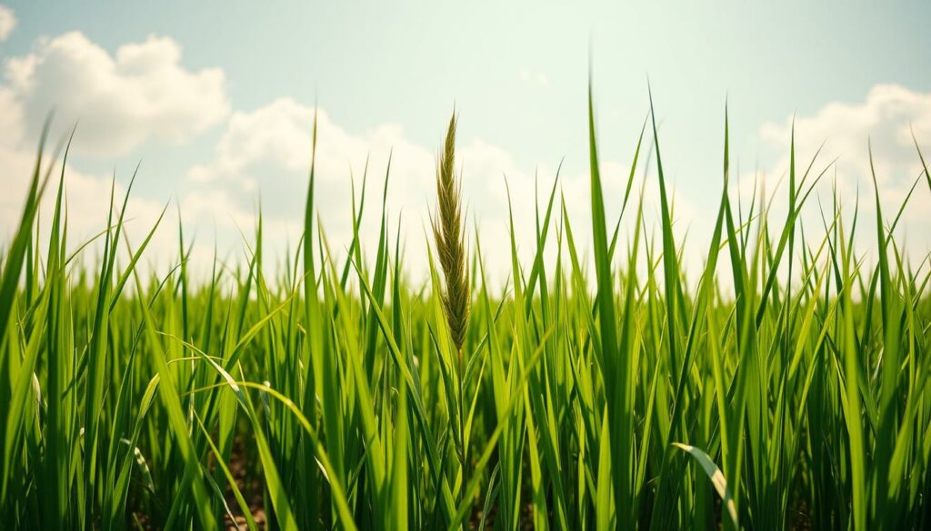 A lush field of vibrant, verdant wheatgrass sways gently in the warm, golden sunlight. The blades rise up in a harmonious, cascading display, their slender forms casting soft, wavering shadows on the earthy ground below. In the middle-ground, a single, robust wheatgrass stalk stands tall, its emerald green hue shimmering with an almost luminescent quality. The background is filled with a hazy, azure sky, dotted with fluffy white clouds that cast a soothing, natural ambiance over the entire scene. This image exudes a sense of vitality, health, and natural energy - a fitting visual representation of the "green energy booster" that is wheatgrass.