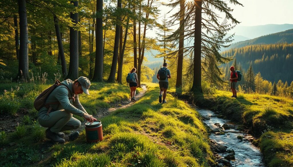 A lush, verdant forest clearing in Baden-Württemberg, Germany, bathed in warm, golden sunlight filtering through the canopy. A group of enthusiastic geocachers, equipped with GPS devices, explore the tranquil trail, discovering hidden treasures amidst the natural splendor. In the foreground, a hiker kneels, carefully lifting a camouflaged container, revealing the thrill of the hunt. The middle ground showcases the serene landscape, with tall trees, wildflowers, and a meandering stream. In the background, rolling hills and distant peaks create a picturesque backdrop, conveying a sense of adventure and connection with the great outdoors. The scene exudes a feeling of peaceful exploration, where the joy of geocaching is seamlessly woven into the natural beauty of Baden-Württemberg.