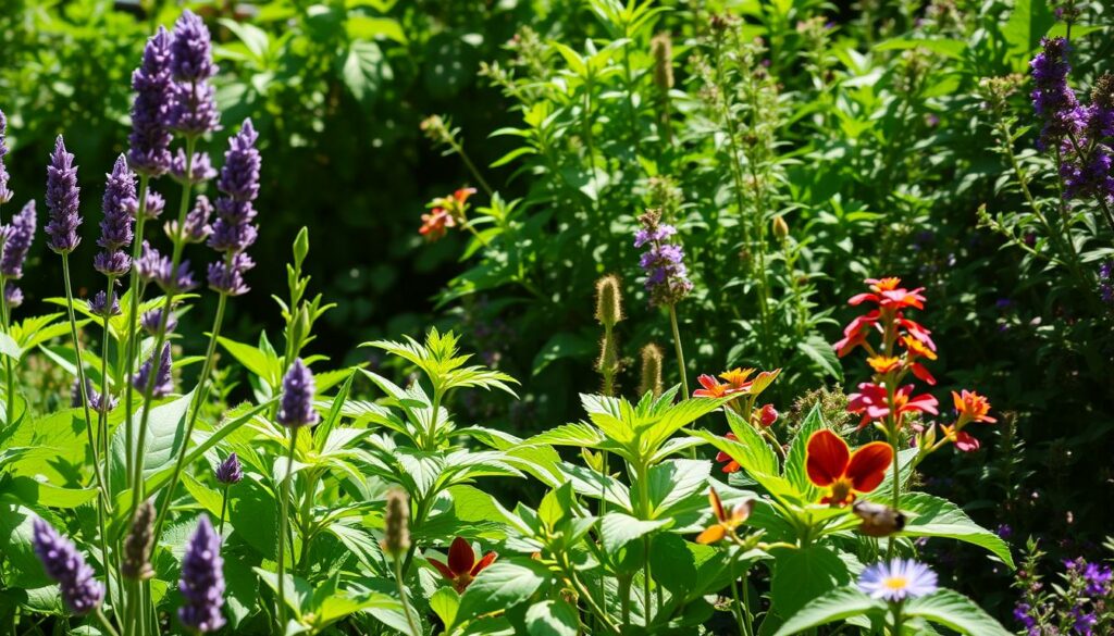 A lush, verdant garden filled with an assortment of natural plants and herbs. In the foreground, a variety of aromatic leaves and flowers including lavender, lemongrass, peppermint, and basil sway gently in a warm breeze. The middle ground features tall, leafy plants like citronella and catnip, their vibrant hues contrasting against a backdrop of verdant foliage. The lighting is soft and natural, casting a warm glow over the scene. The overall atmosphere is one of serenity and tranquility, creating a natural barrier against pesky flies.