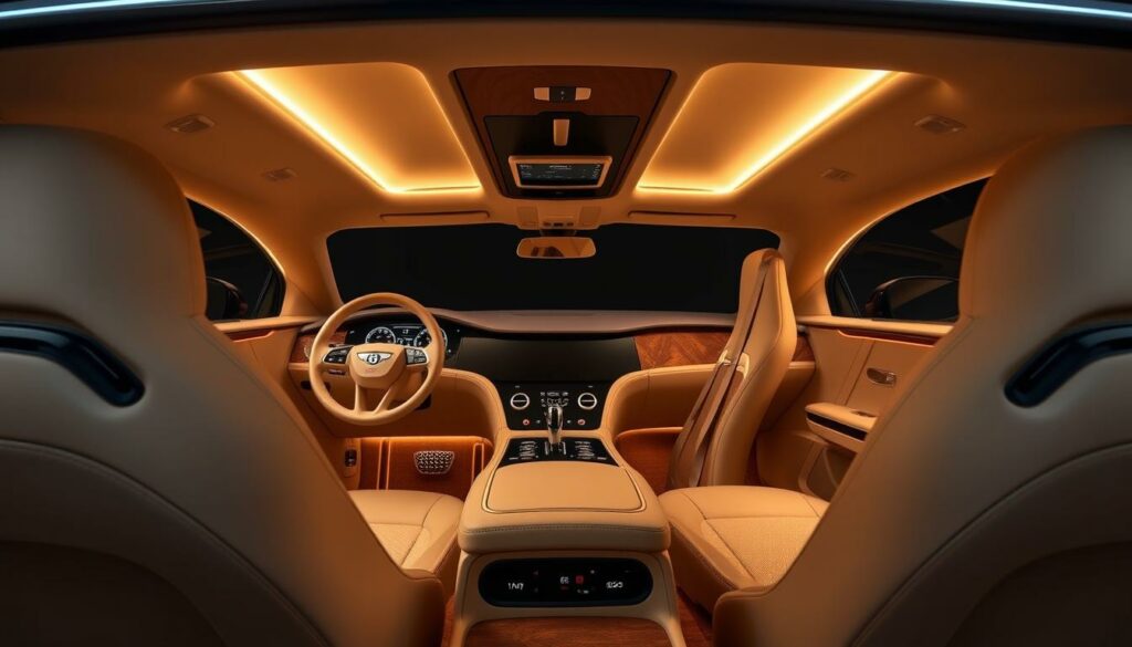 A luxurious Bentley EXP 15 interior study, showcasing the pinnacle of automotive craftsmanship. The cabin is bathed in a warm, soft lighting, accentuating the rich, supple leather upholstery and the exquisite, hand-polished wood veneers. The dashboard features a minimalist, yet elegant design, with a large, seamless digital display dominating the center console. The seating positions are ergonomically tailored, offering supreme comfort and support. The ambient lighting casts a subtle, soothing glow, creating an atmosphere of unparalleled sophistication and refinement. This is the future of automotive luxury, redefining the boundaries of what is possible in the realm of interior design.