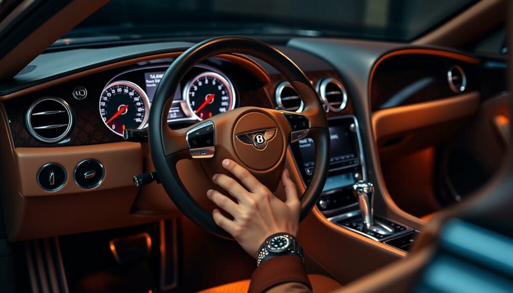 A luxurious Bentley interior, the dashboard bathed in a warm, ambient glow. Sleek, polished surfaces blend seamlessly with analog dials and tactile controls, creating a harmonious intersection of digital technology and classic craftsmanship. The driver's hands rest upon a meticulously stitched leather steering wheel, conveying a sense of refined control. Subtle ambient lighting accentuates the fine details, from the brushed metal accents to the intricate wood veneers. The overall atmosphere exudes a perfect balance of modern innovation and timeless elegance, befitting the Bentley marque's legacy.