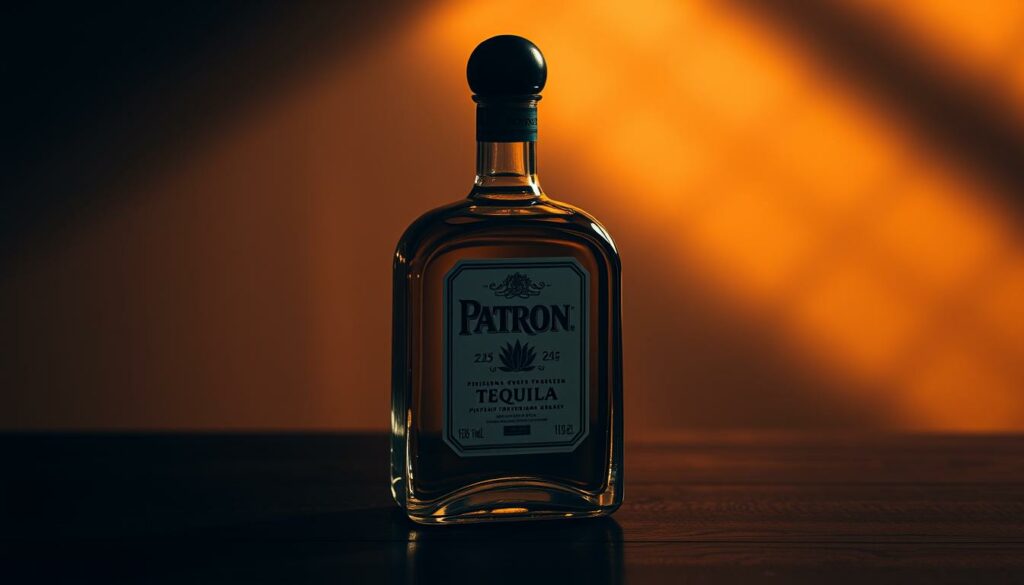 A luxurious Patrón tequila bottle stands prominently on a dark, wooden surface, illuminated by a warm, directional light that casts dramatic shadows. The bottle's sleek, angular design and the iconic agave plant emblem on the label are captured in crisp detail, highlighting the quality and craftsmanship of this premium spirit. The background is blurred, placing the focus entirely on the bottle and creating a sense of elegance and sophistication. The overall mood is one of refined luxury, reflecting the harmony of artisanal production and high-end presentation that defines the Patrón brand.