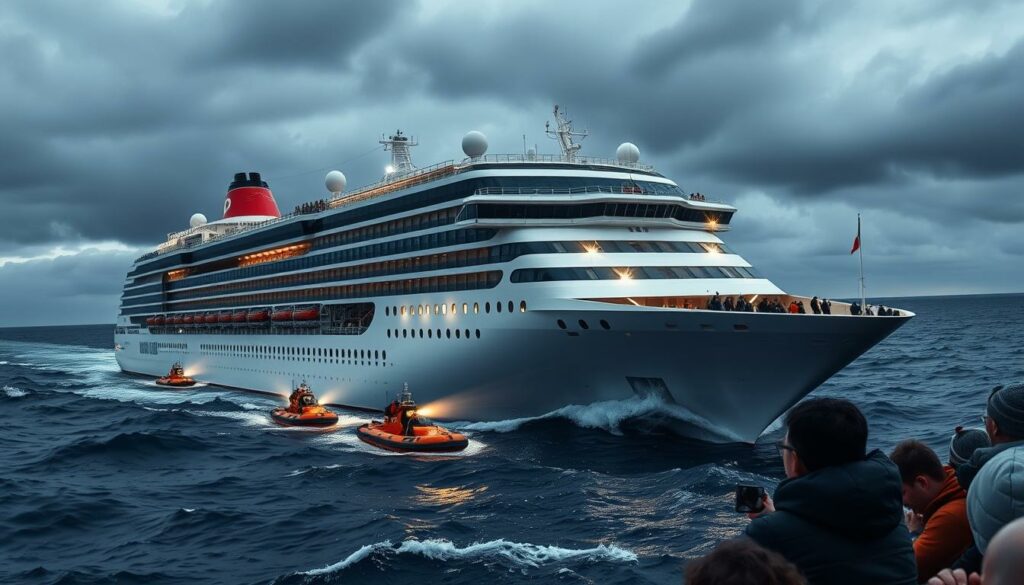 A massive cruise ship, the Aida Nova, cutting through choppy waves under a cloudy, moody sky. In the foreground, the crew scrambles into action, expertly maneuvering rescue boats and equipment to perform a daring technical recovery operation. Powerful spotlights illuminate the scene, casting dramatic shadows and highlights across the ship's sleek, hydrodynamic hull. The middle ground captures the tense expressions of passengers watching anxiously from the deck, while the background reveals the vast, open ocean stretching out to the horizon. A sense of urgency and precision pervades the image, reflecting the critical nature of the rescue efforts onboard the Aida Nova.