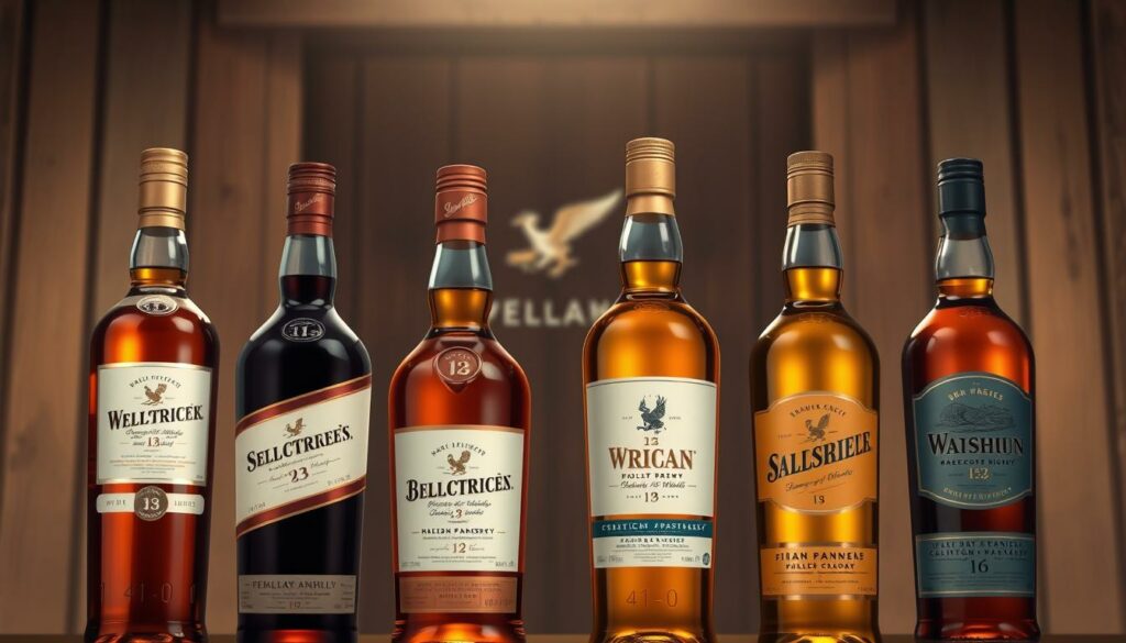 A meticulously detailed illustration of the leading Scotch whisky brands in 2025, showcasing their refined and prestigious appearances. Set against a dimly lit, rustic wooden backdrop, the bottles stand in the foreground, each with its unique label design, intricate embossing, and subtle golden accents that catch the warm, soft lighting. The middle ground features a subtle, blurred out display of the brand logos, while the background subtly hints at the rich heritage and tradition of Scotch whisky production. The overall composition conveys a sense of timeless elegance and the enduring appeal of these iconic Scotch whisky marques.
