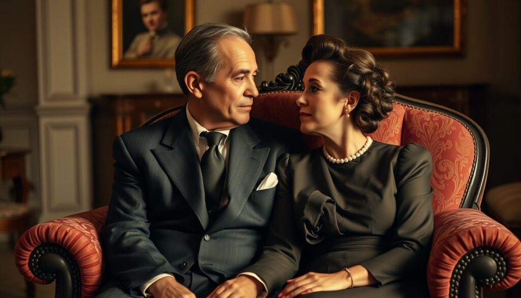 A mid-20th century styled photographic portrait of the relationship between Menowin Fröhlich and his wife Senay. The couple are seated together on a plush, ornate chair, dressed in formal attire from the 1950s. Senay's expression is pensive, yet Menowin gazes at her with a loving, adoring look. The lighting is soft and warm, casting a golden glow over the scene. The background is a tasteful, understated interior with muted colors and elegant furnishings, creating a sense of intimacy and nostalgia. The overall mood is one of bittersweet reminiscence, capturing a moment of tenderness and connection between the two individuals.