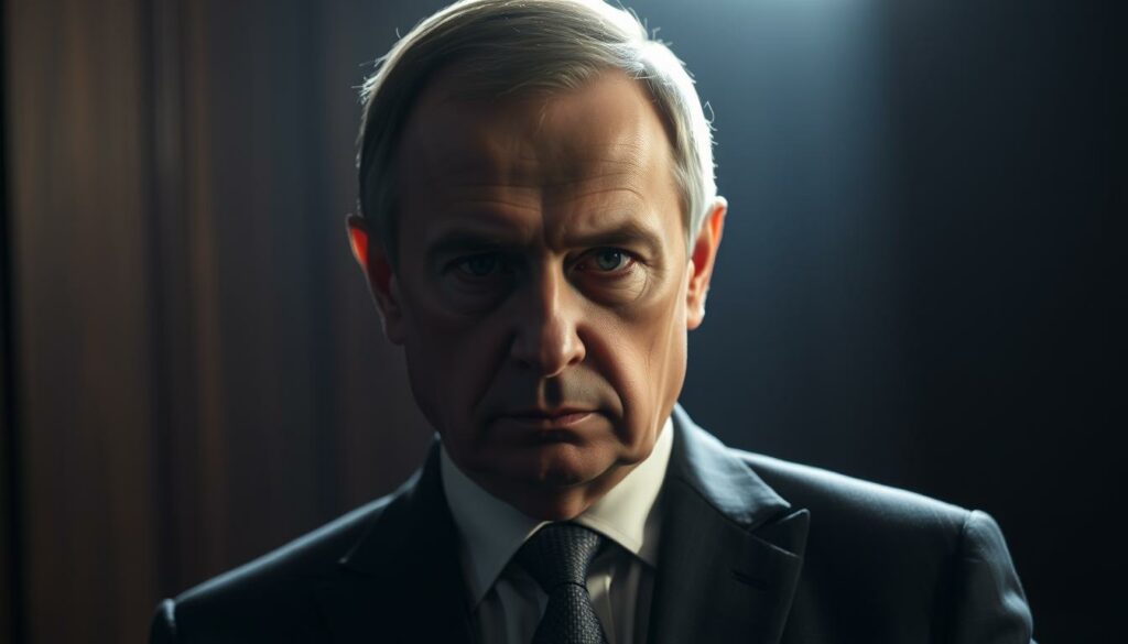 A middle-aged, high-ranking Russian government official, Andrej Beloussov, stands in a dimly lit room, his face partially obscured in shadow. He exudes an air of power and authority, his tailored suit and stern expression conveying a sense of unease and scandal. The background is intentionally blurred, focusing the viewer's attention on Beloussov's intense gaze and the subtle tension in his posture. The lighting is dramatic, casting dramatic shadows and highlights across his features, heightening the sense of drama and intrigue surrounding the "Skandal" in which he is implicated. The composition is carefully balanced, with Beloussov positioned off-center, creating a sense of unease and discomfort in the viewer.