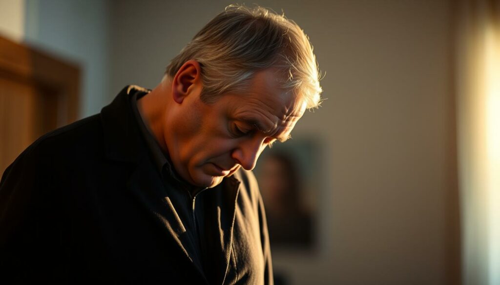 A middle-aged man, Oliver Pocher, stands solemnly with a somber expression, his head bowed in a moment of grief and remembrance. Soft, warm lighting illuminates his face, casting gentle shadows that convey the weight of his emotions. The background is blurred, with muted tones and a sense of tranquility, allowing the viewer to focus solely on Pocher's pensive gaze and the sense of loss he embodies. The image captures a poignant and introspective moment, reflecting the man's tribute to his lost friend and comedy partner, Marcus Budde.