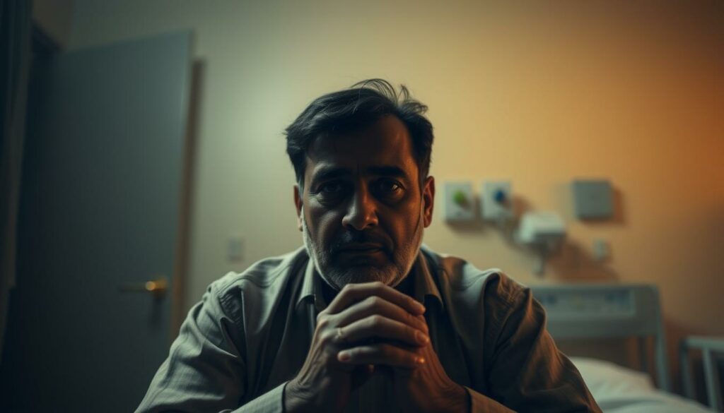 A middle-aged man, Zulfiqar Khan, sits solemnly in a dimly lit hospital room. His expression is pensive, tinged with a hint of worry, as he grapples with the weight of a recent cancer diagnosis. The scene is bathed in a soft, golden light, creating an atmosphere of introspection and contemplation. The background is hazy, blurred, allowing the viewer's focus to remain on the subject's face, revealing the raw emotions he is experiencing. The camera angle is slightly elevated, lending a sense of vulnerability and intimacy to the portrait. Zulfiqar's posture is hunched, his hands clasped together, conveying the gravity of his situation and the difficult decisions he must now face.