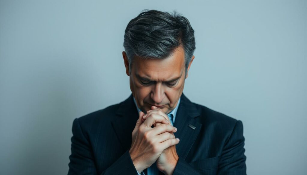 A middle-aged man with a somber expression stands alone, his head bowed in a gesture of grief. He wears a dark suit, his hands clasped in front of him, conveying a sense of quiet contemplation. The background is muted, with soft, diffused lighting creating a pensive atmosphere. The man's face is partially obscured, hinting at the depth of his emotions as he mourns the loss of a close friend and mentor. The scene is captured with a shallow depth of field, placing the man in sharp focus while the surroundings fade into a gentle blur, emphasizing the solitary nature of his moment of remembrance.