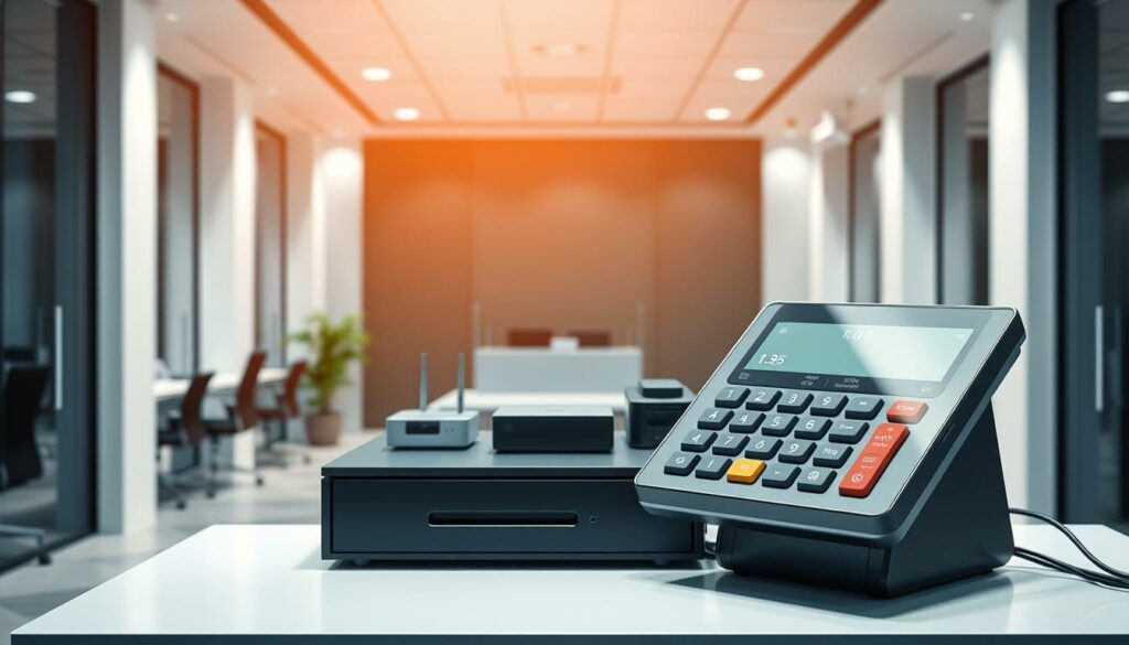 A modern cash register system against a backdrop of sleek, minimalist office interiors. In the foreground, the cash register's touchscreen display and secure keypad stand out, bathed in soft, indirect lighting. The middle ground features the cash drawer and connected peripherals, such as a thermal printer and barcode scanner, all seamlessly integrated. In the background, subtle details like network cables, secure Wi-Fi routers, and discreet security cameras convey the technological infrastructure that ensures the system's reliability and data protection. The overall atmosphere is one of professionalism, efficiency, and robust security measures, reflecting the crucial role of the technical security device (TSE) in safeguarding financial transactions.
