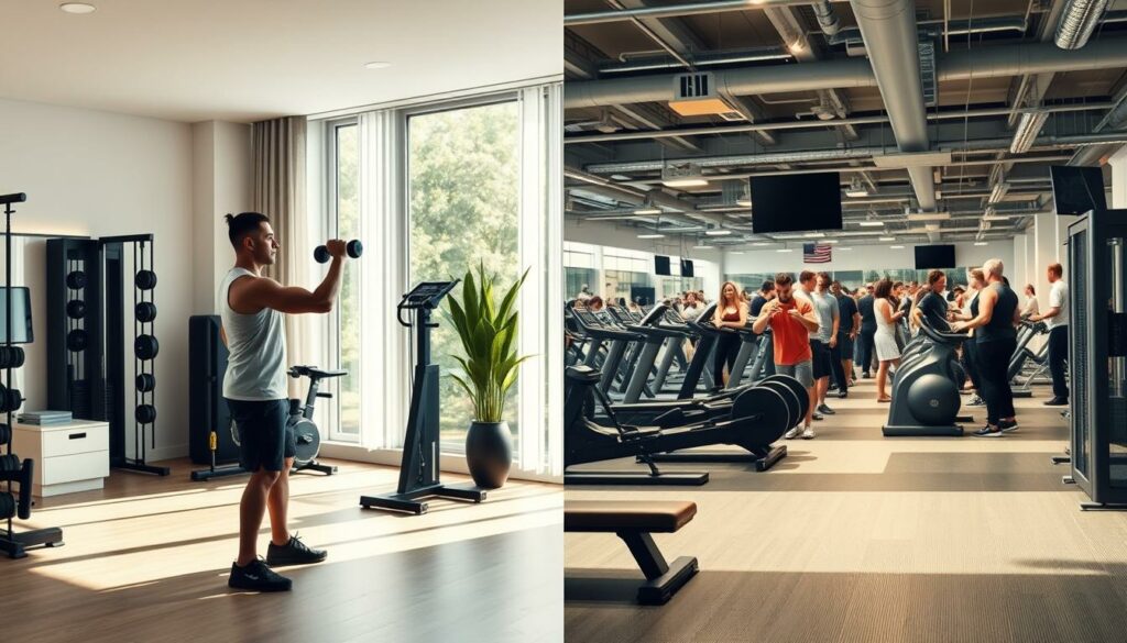 A modern home gym interior with minimalist equipment, natural lighting, and a focused individual performing strength training exercises, contrasted with a classic commercial gym setting with weight machines, treadmills, and a crowd of people in an energetic, high-intensity atmosphere. The home gym scene should convey a sense of efficiency, discipline, and personal empowerment, while the gym setting exudes a more conventional, crowded, and potentially intimidating vibe. Emphasize the differences in environment, equipment, and personal experience between the two fitness options through careful composition, lighting, and detailed rendering.