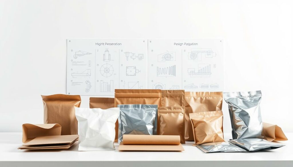 A modern, minimalist product packaging display against a clean, white background. In the foreground, a selection of various packaging materials like cardboard, plastic, and foil are arranged neatly, showcasing their technical properties and construction details. The middle ground features engineering diagrams and technical schematics, demonstrating the manufacturing process and design rationale. Soft, directional lighting accentuates the textures and materials, while a shallow depth of field keeps the focus on the key elements. The overall mood is one of clinical precision and transparent, matter-of-fact presentation of the technical justifications provided by the manufacturers.