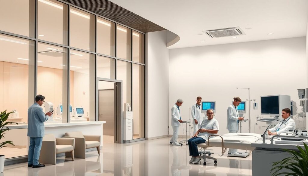 A modern, well-equipped artificial nutrition clinic, with sleek, minimalist design elements. The exterior features large windows, clean lines, and a neutral color palette. The interior showcases a reception area with comfortable seating, state-of-the-art medical equipment, and a soothing, calming atmosphere. Patients are being attended to by attentive medical staff, providing specialized care and support. The lighting is soft and diffused, creating a serene, therapeutic environment. The overall mood is one of professionalism, efficiency, and compassionate healthcare, befitting the subject of Heinz Hoenig's health challenges.
