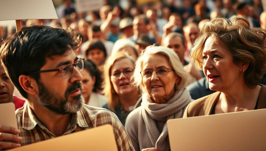 A multigenerational family gathered in a lively political rally, their faces alight with passion and determination. In the foreground, a father and son raise placards, their expressions resolute. Behind them, a mother and daughter engage in animated discussion, hands gesturing emphatically. In the middle ground, a diverse crowd fills the frame, their collective energy palpable. The background is a blur of movement, capturing the dynamism of the event. Warm, natural lighting casts a glow over the scene, lending it a sense of urgency and purpose. The overall composition conveys the intersection of personal and political, a powerful statement of civic engagement.