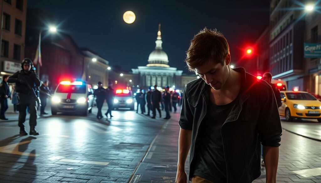 A night-time street scene in Hamburg, Germany. In the foreground, a young man with a bullet wound stumbles towards a lively high school graduation party, his clothes stained with blood. In the middle ground, armed police officers in tactical gear swarm the area, securing the perimeter and attending to the injured man. In the background, the dimly lit cityscape of Hamburg is visible, with the iconic Elbphilharmonie concert hall looming in the distance. The scene is illuminated by the flashing blue and red lights of police vehicles, creating a tense and dramatic atmosphere. The lighting is a combination of natural moonlight and the artificial glow of street lamps, casting deep shadows and highlights across the faces and forms of the figures. The camera angle is slightly low, capturing the intensity of the situation from an immersive, ground-level perspective.