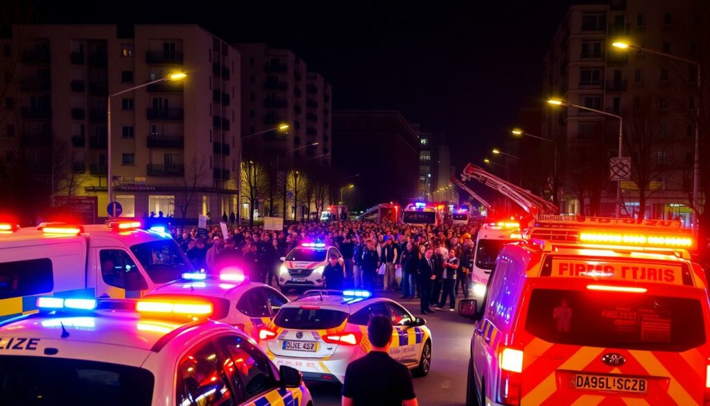 A night-time urban scene in Berlin, with a large police and fire department response unfolding. In the foreground, multiple emergency vehicles with flashing lights - police cars, fire trucks, and ambulances - are parked on the street, their crews attending to the aftermath of an incident. In the middle ground, a crowd of onlookers and bystanders watch the proceedings, some with looks of concern. The background features the distinctive architecture of Berlin, with tall apartment buildings and the glow of streetlights illuminating the scene. The overall mood is one of urgency and heightened activity, as the authorities respond to an unfolding crisis in the city.