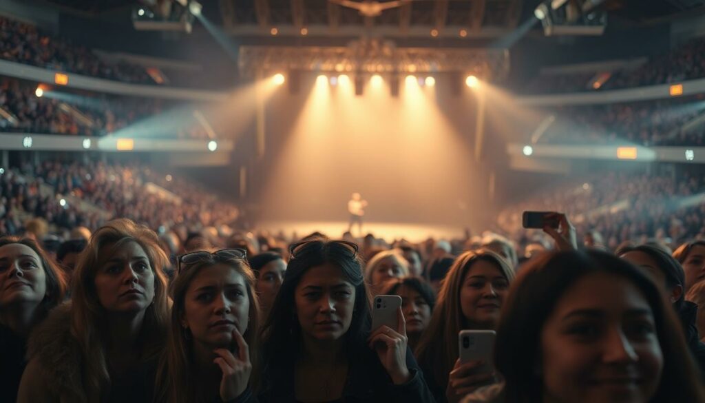 A packed arena, the air electric with anticipation. In the foreground, fans react with a palpable mix of disappointment and empathy - some with expressions of sadness, others clutching phones, capturing the emotional moment. In the middle ground, the stage stands empty, a reminder of the canceled performance. The lighting casts a somber, almost melancholic glow, as if the very atmosphere reflects the shared sentiment. The background fades into a blur, focusing the viewer's attention on the visceral reactions of the crowd, each face a unique study in human emotion. The scene conveys the bittersweet reality of a show that never was, a testament to the deep connection between an artist and their devoted fanbase.