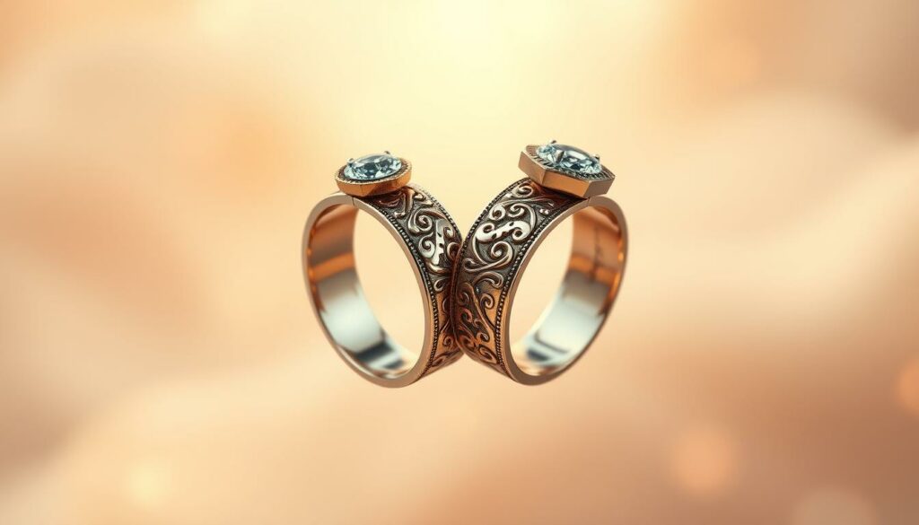 A pair of intricate, symbolic divorce rings float against a delicate, ethereal backdrop. The rings, crafted with precision, are adorned with intricate designs that reflect the wearer's personal journey. Soft, diffused lighting illuminates the rings, casting a warm, empowering glow. The rings are positioned centrally, commanding attention, while the background fades into a hazy, dreamlike realm, suggesting a sense of tranquility and personal growth. The overall composition conveys a powerful message of resilience, transformation, and the reclamation of one's identity in the aftermath of a relationship's end.
