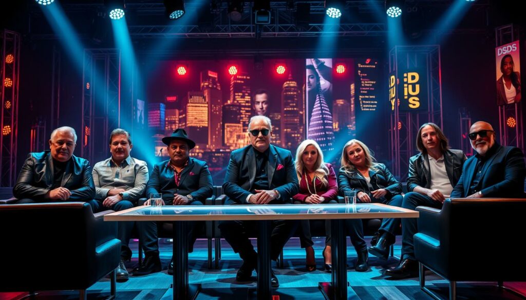 A panel of music industry icons, seated against a backdrop of dramatic stage lights and a vibrant, neon-tinged cityscape. In the foreground, the distinguished figures of Dieter Bohlen and Bushido command attention, their contrasting styles and personas embodying the evolution of the iconic DSDS jury. The scene exudes an air of change and progression, capturing the dynamic shift in the program's public image. Sleek, modern furniture and a cool, sophisticated color palette set the stage for this pivotal moment in the long-running talent competition.