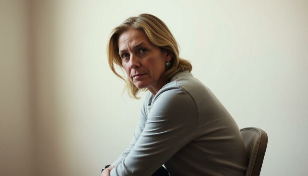 A pensive Judith Rakers seated in a contemplative pose, her gaze introspective as she considers the choice to live without children. The lighting is soft and diffused, casting a warm, introspective glow on her face. The background is a serene, minimalist setting, allowing the focus to remain on her thoughtful expression. The composition is intimate and composed, conveying a sense of quiet introspection and personal reflection. The overall mood is one of contemplation and self-awareness, capturing the essence of the section's title "The Reasons for a Life Without Children".