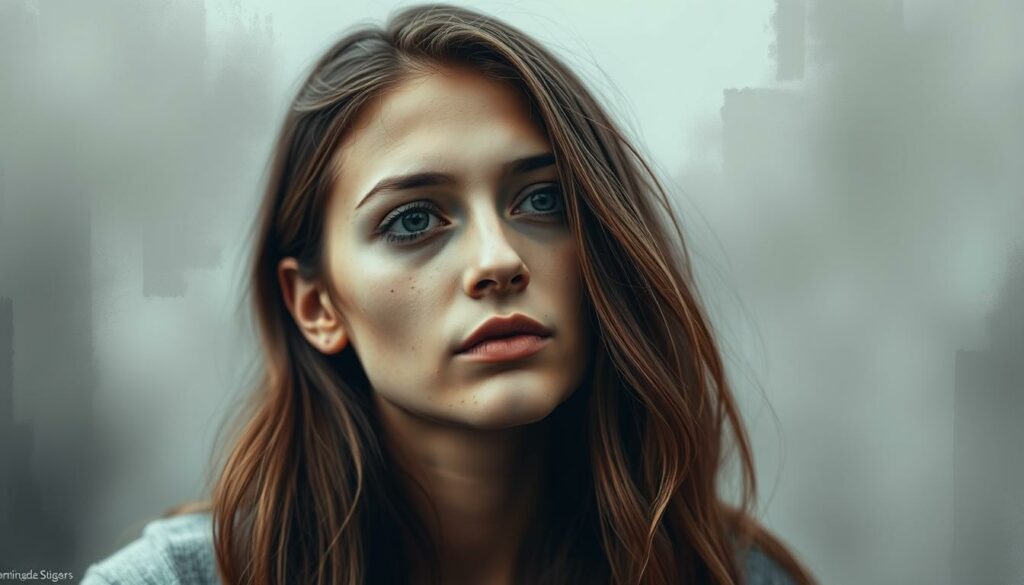 A pensive, introspective portrait of a young woman, her face etched with a mix of melancholy and vulnerability. Soft, diffused lighting casts a gentle glow, accentuating the delicate features and the weight of emotion in her gaze. The background is a blurred, dreamlike setting, hinting at the complex emotional landscape she navigates. Subtle brushstrokes of muted colors evoke a sense of depth and emotional resonance, capturing the essence of "Emotionale Belastung" - the profound inner turmoil and personal struggles that define this pivotal moment in her life.